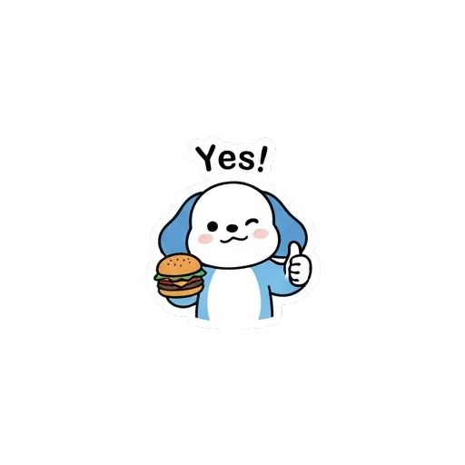 Cheerful puppy giving thumbs up with burger Blue Puppy Burger Buddy sticker for expressive chats and social replies.