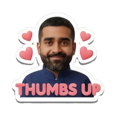Bearded man smiling with floating hearts with text THUMBS UP Cheerful Bearded Professional sticker for expressive chats and social replies.