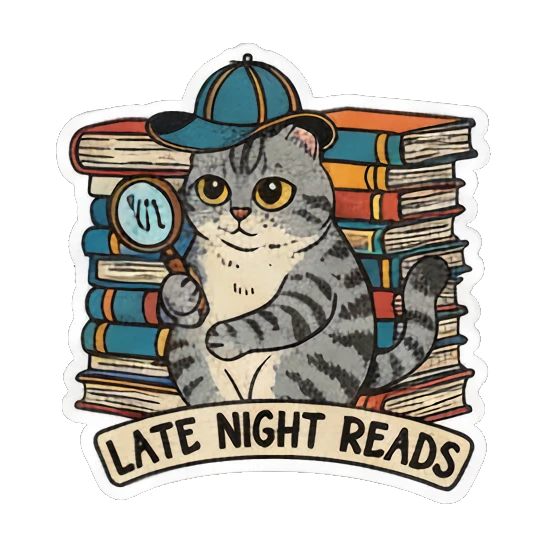 cat reading late at night Literary Tabby Adventures sticker for expressive chats and social replies.