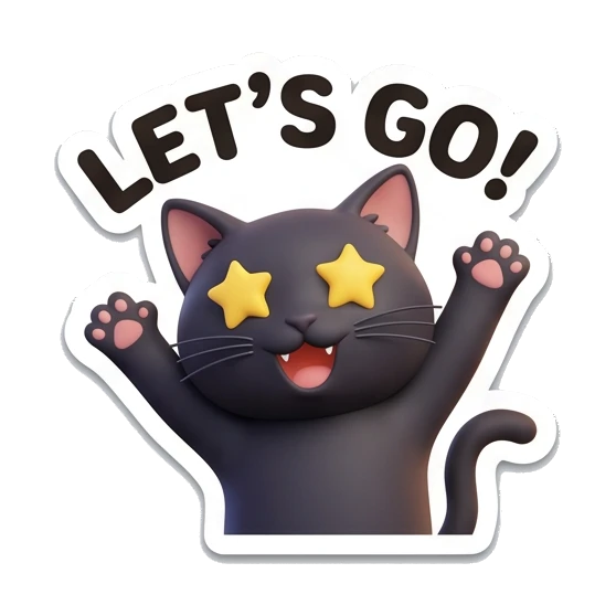 Black cat excited with star eyes, text Let's Go. Playful Black Cat Moods sticker for expressive chats and social replies.