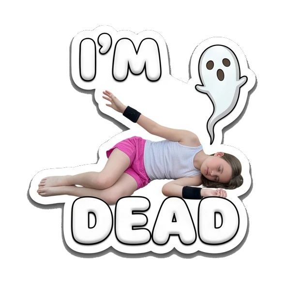 Girl lying on the floor exhausted with a ghost icon and text I'M DEAD Cheerful Girl Daily Life sticker for expressive chats and social replies.