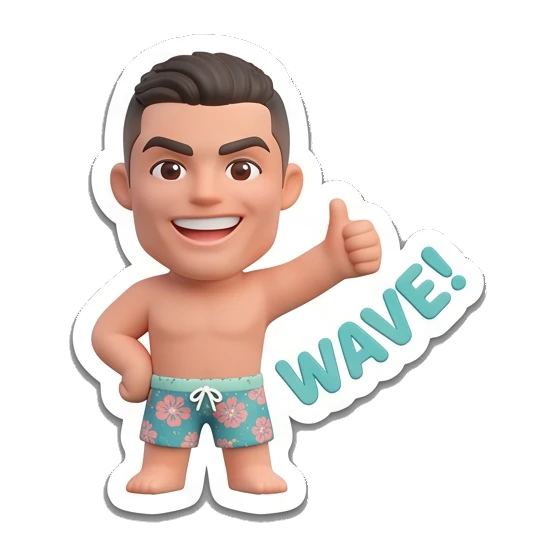 Young man waving hand with thumbs up and WAVE text Summer Vibes Boy sticker for expressive chats and social replies.