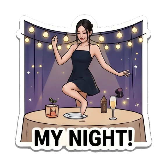 Young woman dancing at night party, text MY NIGHT Jennie Birthday Party Vibes sticker for expressive chats and social replies.