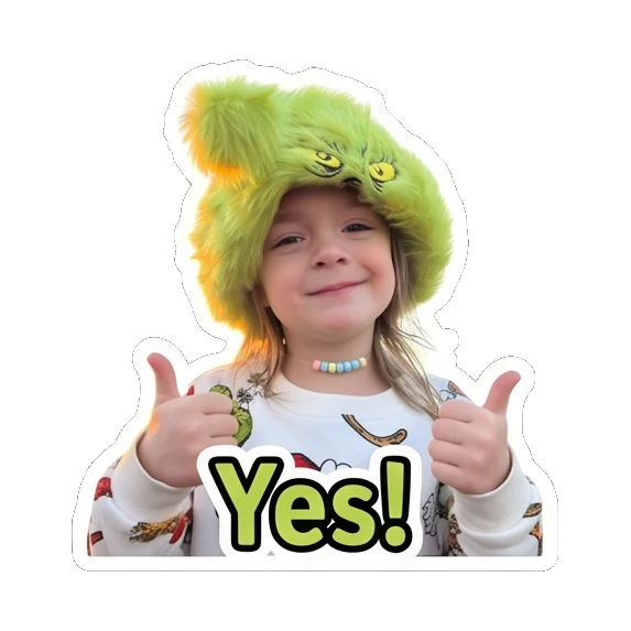 Child in green hat giving double thumbs up with text Yes! Grinchy Kid Moods sticker for expressive chats and social replies.