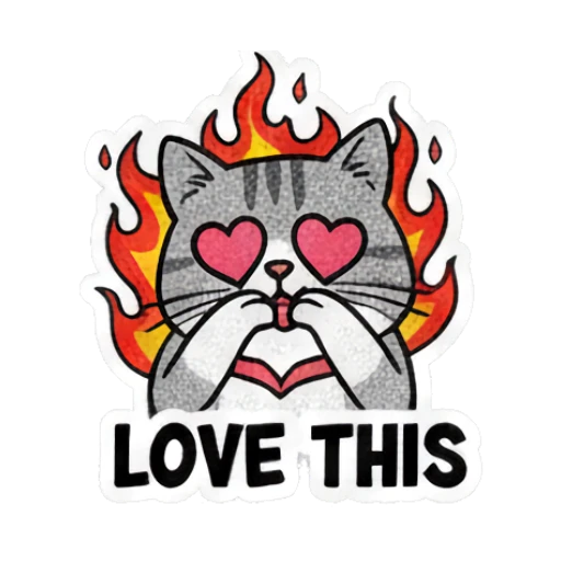 Grey cat with heart-shaped eyes surrounded by fire with text LOVE THIS Grumpy Grey Cat Daily Moods sticker for expressive chats and social replies.