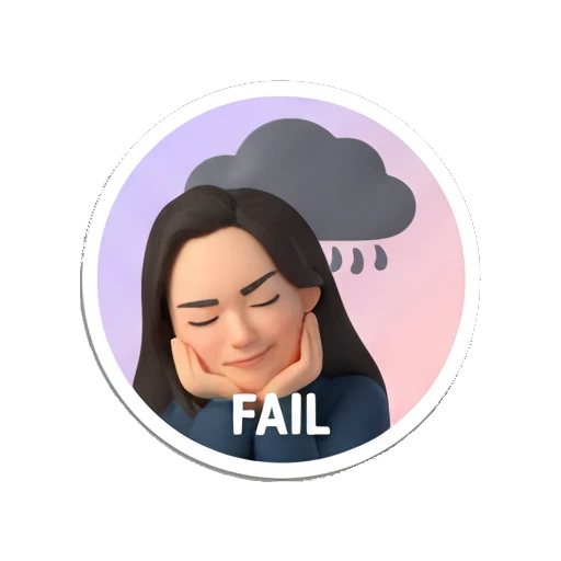 Young woman looking disappointed under a rain cloud, text FAIL My Daily 3D Avatar sticker for expressive chats and social replies.