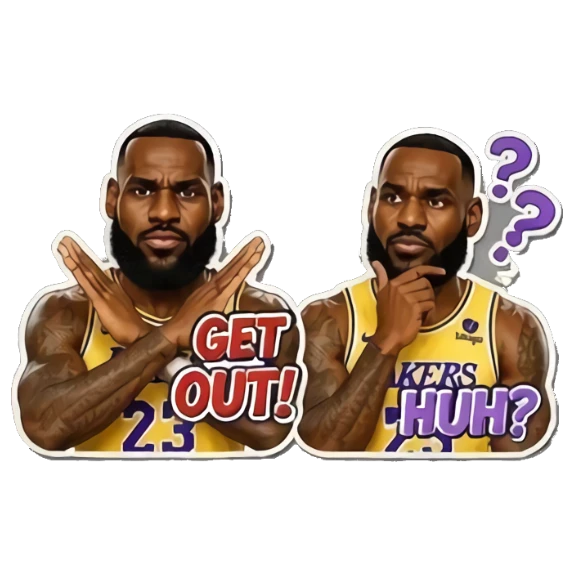 LeBron crossing arms in rejection with text GET OUT! LeBron Court Vibes sticker for expressive chats and social replies.