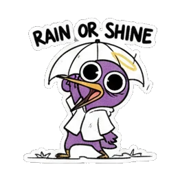 Purple bird under umbrella in rain, text RAIN OR SHINE Purple Bird Music Festival sticker for expressive chats and social replies.