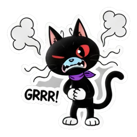 Angry black cat steaming with grrr text. Cool Black Cat Daily sticker for expressive chats and social replies.