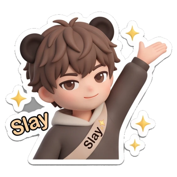 Confident boy with bear ears waving with text Slay. Brown Bear Boy Daily sticker for expressive chats and social replies.