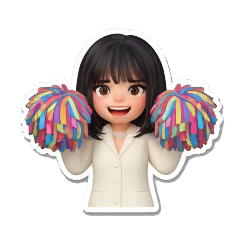 Girl holding colorful pom-poms cheering Office Chic Girl Daily sticker for expressive chats and social replies.