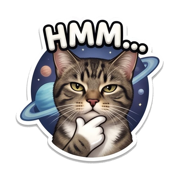 Tabby cat thinking with a paw on chin, text says HMM. Cosmic Tabby Adventures sticker for expressive chats and social replies.