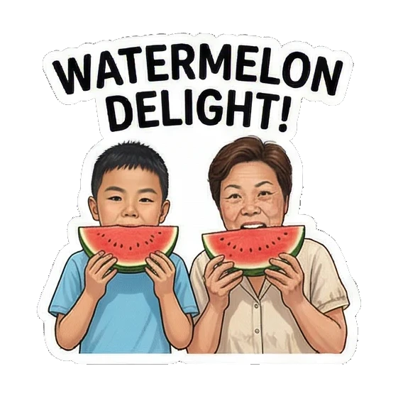 妈妈和儿子开心吃西瓜 Mom & Son's Summer Fun sticker for expressive chats and social replies.
