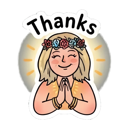 Grateful girl with flower crown and hands together, saying Thanks Festival Boho Girl sticker for expressive chats and social replies.