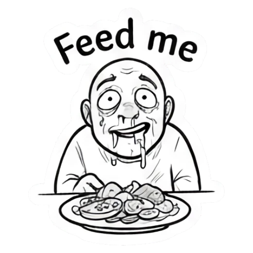 Bald man eating messy food with a hungry Feed me expression. Bald Guy Daily Vibes sticker for expressive chats and social replies.