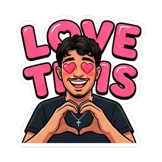 Young man making a heart shape with hands and 'LOVE THIS' text. Cool Guy Daily Vibes sticker for expressive chats and social replies.