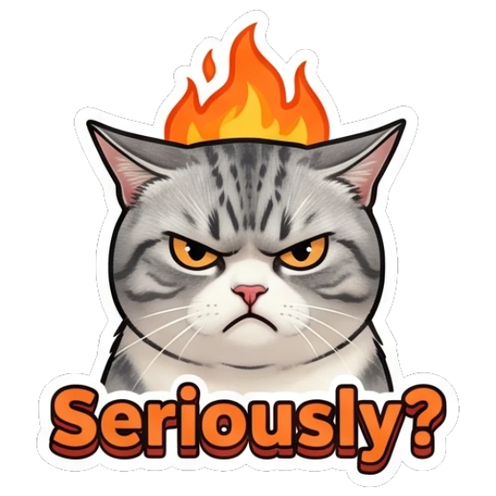 Angry tabby cat with fire on head and text Seriously? Expressive Tabby Cat sticker for expressive chats and social replies.
