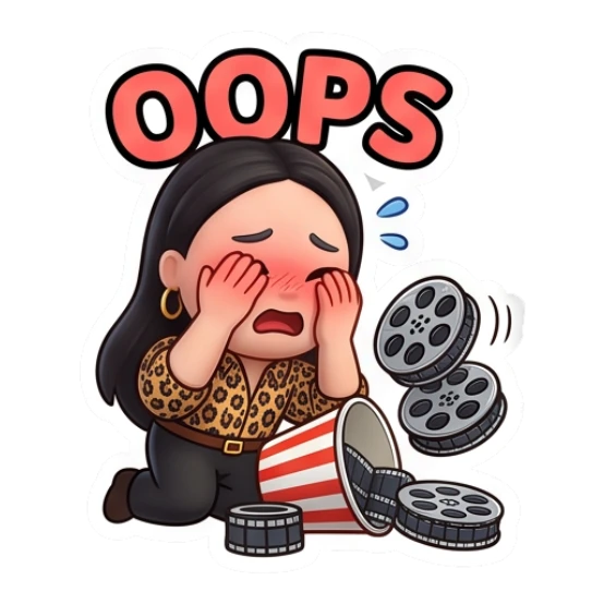 Girl covering face in embarrassment, spilled film reels, text Oops Cinema Diva Daily Life sticker for expressive chats and social replies.