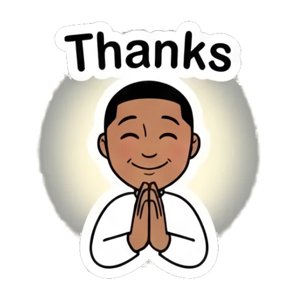 Bearded man praying with a glowing thanks sign. Cool Guy Daily Vibes sticker for expressive chats and social replies.
