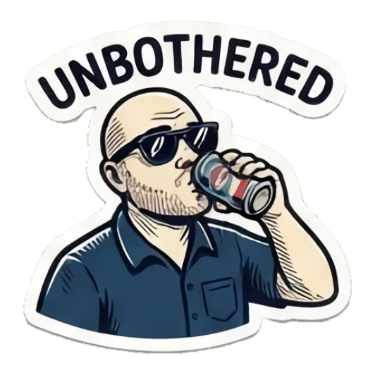 Bald man wearing sunglasses drinking soda, text UNBOTHERED Bald Guy Daily Vibes sticker for expressive chats and social replies.