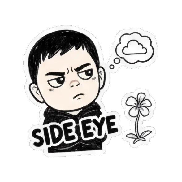 Skeptical boy giving a side-eye look with a cloud thought bubble. Cool Boy Doodle Diary sticker for expressive chats and social replies.
