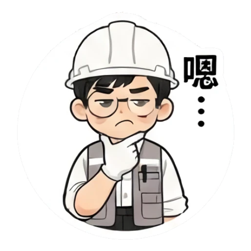 Worker thinking with hand on chin and 'Hmm' text Hard Hat Hero sticker for expressive chats and social replies.