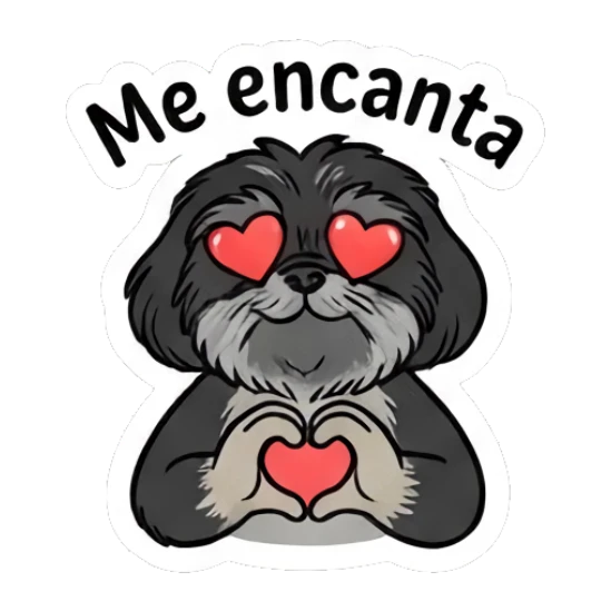Shih Tzu with heart eyes and paws forming a heart shape with text Me encanta Little Shih Tzu Moods sticker for expressive chats and social replies.