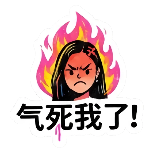 Angry girl engulfed in flames, showing intense rage. Vibrant Urban Girl Expressions sticker for expressive chats and social replies.