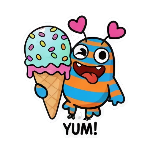 Monster eating a large ice cream cone, text YUM! Striped Monster Winter Fun sticker for expressive chats and social replies.
