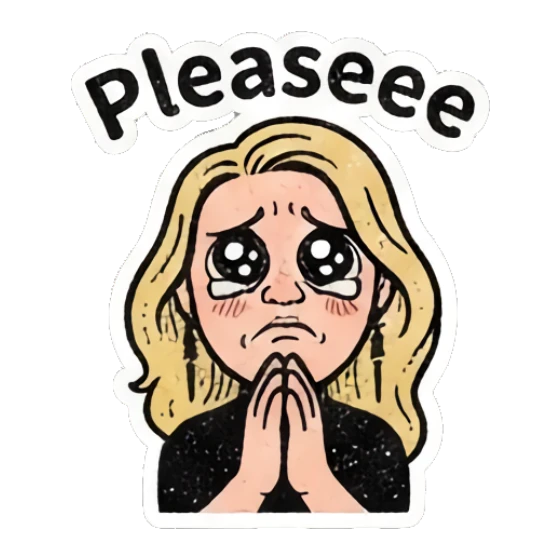 Blonde woman pleading with teary eyes with text Pleaseee Retro Blonde Daily Vibes sticker for expressive chats and social replies.