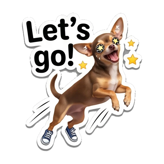 Chihuahua jumping with excitement and star effects, text Let's go! Chihuahua Moods sticker for expressive chats and social replies.