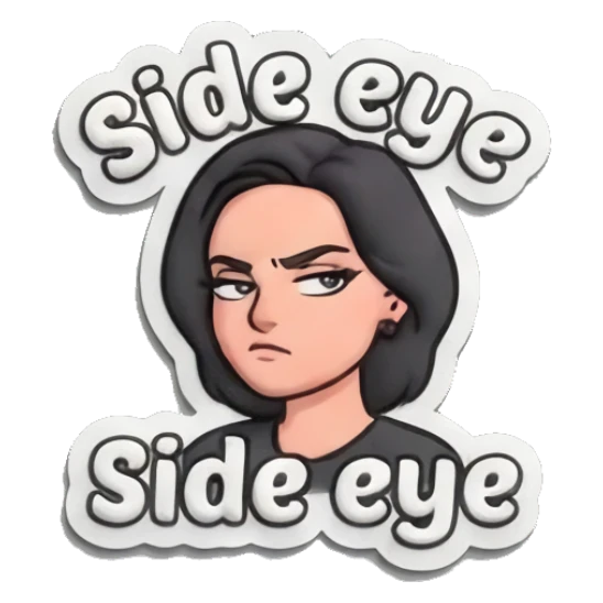 Girl giving a skeptical side eye look with Side eye text Puff Print Girl Daily sticker for expressive chats and social replies.