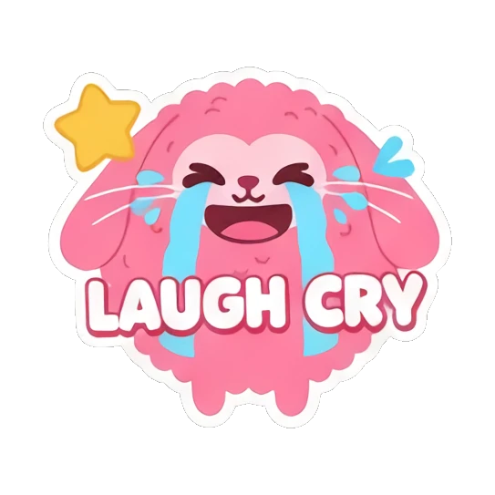 Pink bunny crying tears of joy with 'LAUGH CRY' text. Pink Fluffy Bunny Emotions sticker for expressive chats and social replies.
