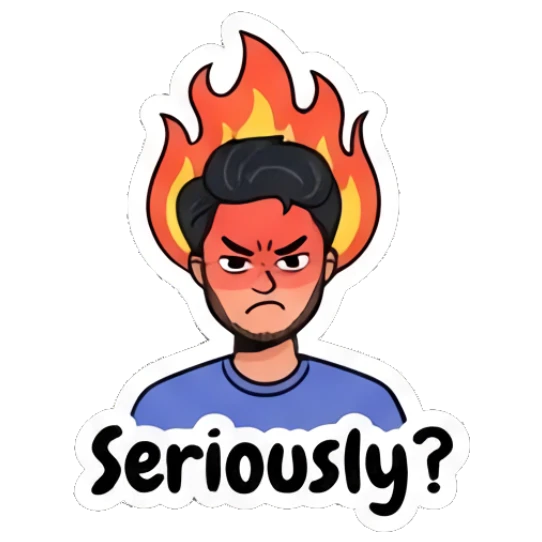 Angry young man with flames on head and text Seriously Daily Life of a Cool Guy sticker for expressive chats and social replies.