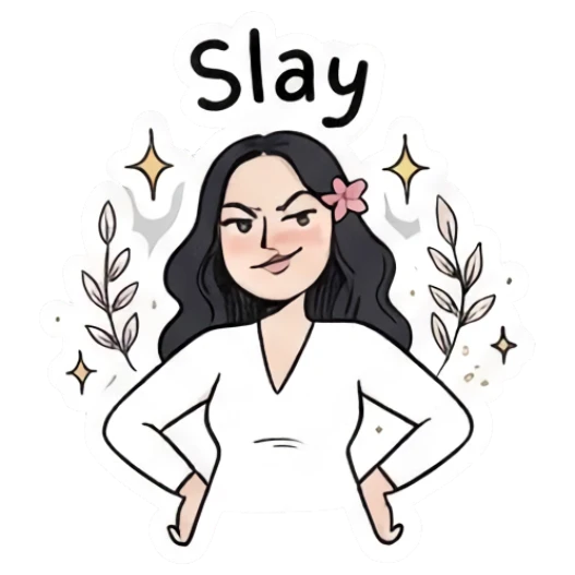 Girl posing confidently with hands on hips, text Slay Charming Girl Daily Expressions sticker for expressive chats and social replies.