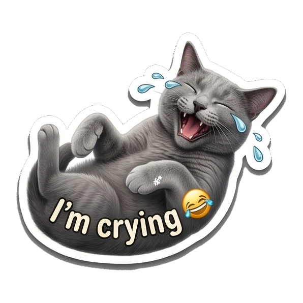 Gray cat rolling on back laughing, text I'm crying Gray Cat Daily Vibes sticker for expressive chats and social replies.