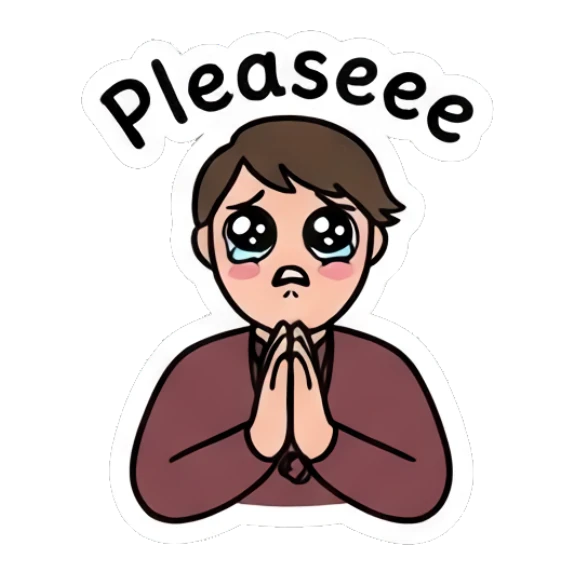 Pleading boy with teary eyes saying Pleaseee Daily Doodle Boy sticker for expressive chats and social replies.