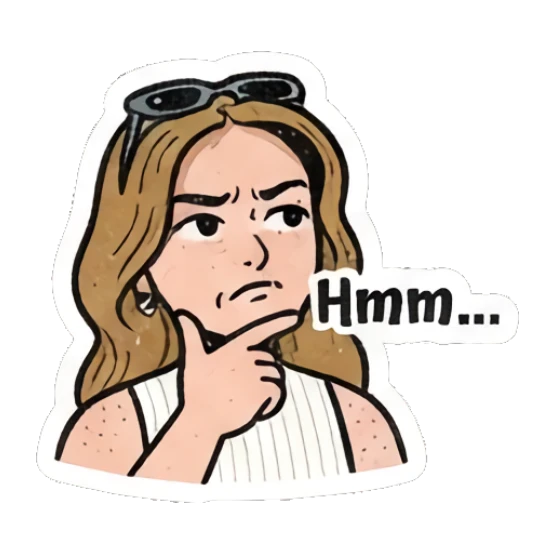 Girl looking thoughtful with hand on chin, text 'Hmm...' Retro Comic Girl Expressions sticker for expressive chats and social replies.
