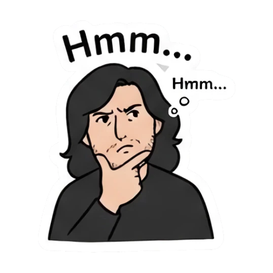 Long-haired man thinking with a hand on chin. Long-Haired Guy Daily Vibes sticker for expressive chats and social replies.