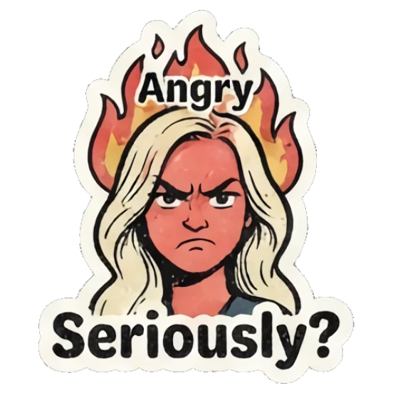 Angry blonde girl with flames behind her head. Retro Blonde Comic Vibes sticker for expressive chats and social replies.