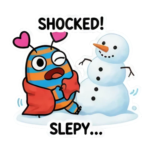 Sleepy monster with snowman, text SLEPY... Striped Monster Winter Fun sticker for expressive chats and social replies.