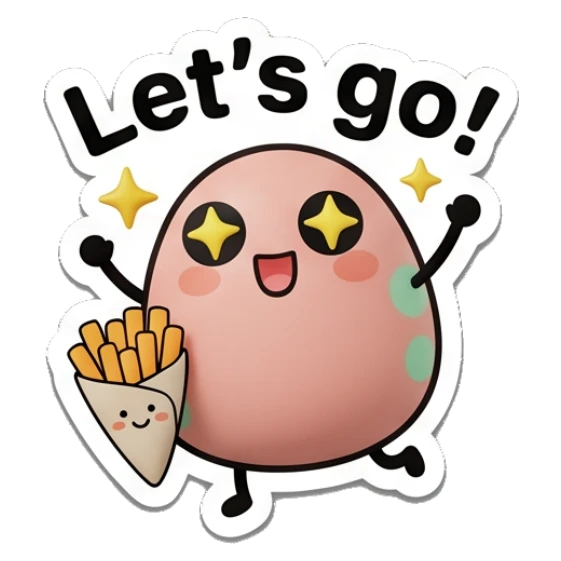 Excited egg holding fries with sparkles and text Let's go! Little Egg Buddies sticker for expressive chats and social replies.