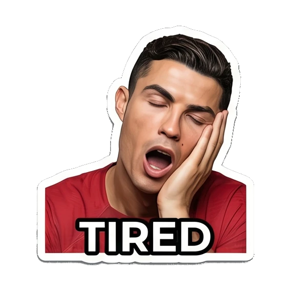 Cristiano Ronaldo looking exhausted and tired with TIRED text Cristiano Ronaldo Expressions sticker for expressive chats and social replies.
