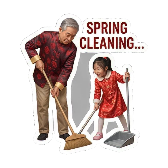 Cleaning the house Grandpa and Granddaughter CNY Moments sticker for expressive chats and social replies.