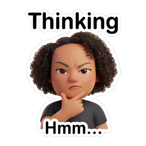 Curly hair girl thinking with hand on chin and text Thinking Curly Hair Girl Daily Vibes sticker for expressive chats and social replies.