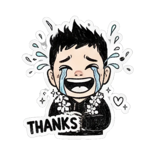 Crying boy with tears and a 'THANKS' text bubble. Cool Boy Doodle Diary sticker for expressive chats and social replies.