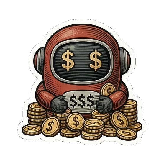 坐在金币堆上的富有机器人 Vintage Bot Emotions sticker for expressive chats and social replies.