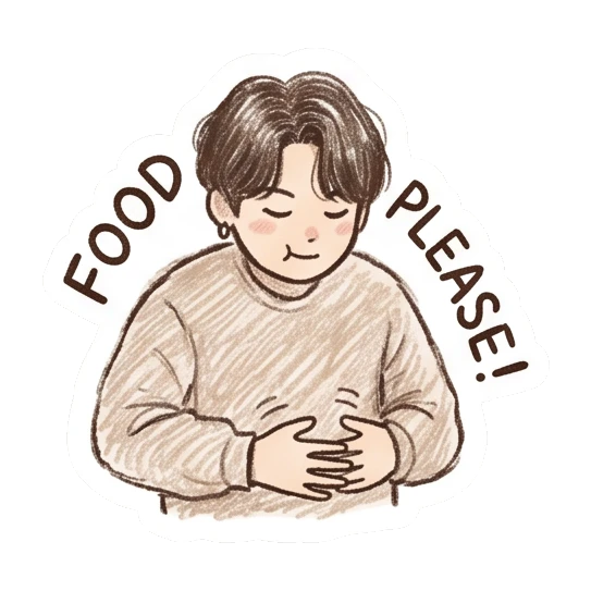 Boy rubbing tummy and looking hungry, text FOOD PLEASE! Crayon Boy Daily Moods sticker for expressive chats and social replies.