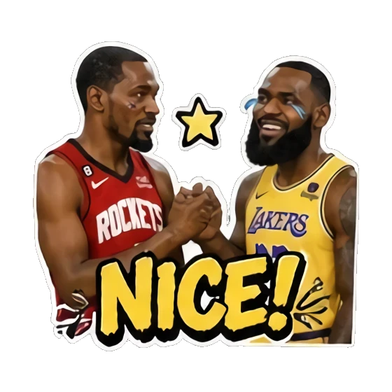 Two players shaking hands, respectful, text NICE. Basketball Legends Duo sticker for expressive chats and social replies.