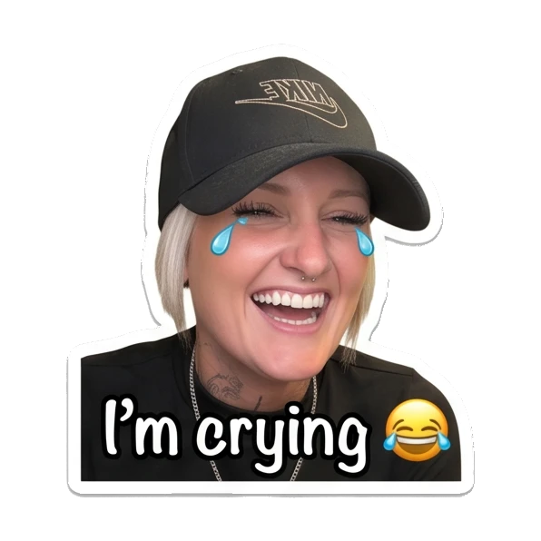 Woman laughing with tears, text I'm crying Cool Girl Daily Vibes sticker for expressive chats and social replies.